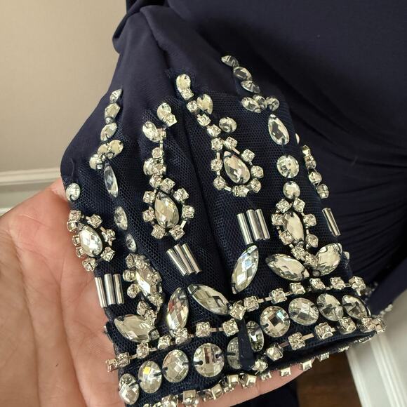 Mac Duggal Navy Beaded Cuff Drop Shoulder Faux Wrap Gown Size 4 $398 - Picture 7 of 11
